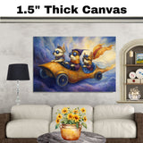 Whimsical Corgi Dogs Racing in a Golden Car Through the Sky on Ready to Hang 1.5" Thick Canvas Wrap, Floating Framed Canvas, Flat Rolled Canvas