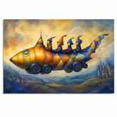 Whimsical Gnome Children Flying In Colorful Rocket Car Over Fantasy Landscape Artwork For Storybook And Imaginative Decor on Ready to Hang 1.5" Thick Canvas Wrap, Floating Framed Canvas, Flat Rolled Canvas
