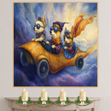 Whimsical Corgi Dogs Racing in a Golden Car Through the Sky on Ready to Hang 1.5" Thick Canvas Wrap, Floating Framed Canvas, Flat Rolled Canvas