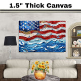 Wavy Painted American Flag Artwork with Bold Brushstrokes and Patriotic Red White and Blue Texture on Ready to Hang 1.5" Thick Canvas Wrap, Floating Framed Canvas, Flat Rolled Canvas