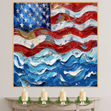 Wavy Painted American Flag Artwork with Bold Brushstrokes and Patriotic Red White and Blue Texture on Ready to Hang 1.5" Thick Canvas Wrap, Floating Framed Canvas, Flat Rolled Canvas