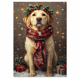 Labrador Christmas Dog Wall Art with Red Scarf and Holly Wreath for Winter Snow Festive Puppy Holiday Artwork on Flat Rolled, Framed or Wrapped Canvas