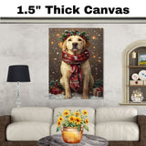 Labrador Christmas Dog Wall Art with Red Scarf and Holly Wreath for Winter Snow Festive Puppy Holiday Artwork on Flat Rolled, Framed or Wrapped Canvas