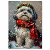 Lhasa Apso Festive Christmas Christmas Dog Wall Art with Red Scarf and Holly Wreath for Winter Snow Festive Puppy Holiday Artwork on Flat Rolled, Framed or Wrapped Canvas