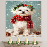 Maltese Christmas Dog Wall Art with Red Scarf and Holly Wreath for Winter Snow Festive Puppy Holiday Artwork on Flat Rolled, Framed or Wrapped Canvas