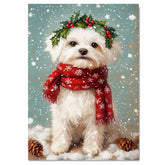 Maltese Christmas Dog Wall Art with Red Scarf and Holly Wreath for Winter Snow Festive Puppy Holiday Artwork on Flat Rolled, Framed or Wrapped Canvas