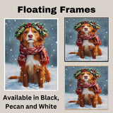 Nova Scotia Duck Tolling Retriever Christmas Dog Wall Art with Red Scarf and Holly Wreath for Winter Snow Festive Puppy Holiday Artwork on Flat Rolled, Framed or Wrapped Canvas