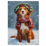 Nova Scotia Duck Tolling Retriever Christmas Dog Wall Art with Red Scarf and Holly Wreath for Winter Snow Festive Puppy Holiday Artwork on Flat Rolled, Framed or Wrapped Canvas