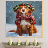 Nova Scotia Duck Tolling Retriever Christmas Dog Wall Art with Red Scarf and Holly Wreath for Winter Snow Festive Puppy Holiday Artwork on Flat Rolled, Framed or Wrapped Canvas