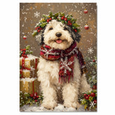 Old English Sheepdog Christmas Dog Wall Art with Red Scarf and Holly Wreath for Winter Snow Festive Puppy Holiday Artwork on Flat Rolled, Framed or Wrapped Canvas