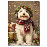 Old English Sheepdog Christmas Dog Wall Art with Red Scarf and Holly Wreath for Winter Snow Festive Puppy Holiday Artwork on Flat Rolled, Framed or Wrapped Canvas
