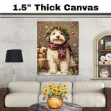 Old English Sheepdog Christmas Dog Wall Art with Red Scarf and Holly Wreath for Winter Snow Festive Puppy Holiday Artwork on Flat Rolled, Framed or Wrapped Canvas