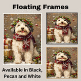 Old English Sheepdog Christmas Dog Wall Art with Red Scarf and Holly Wreath for Winter Snow Festive Puppy Holiday Artwork on Flat Rolled, Framed or Wrapped Canvas