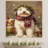 Old English Sheepdog Christmas Dog Wall Art with Red Scarf and Holly Wreath for Winter Snow Festive Puppy Holiday Artwork on Flat Rolled, Framed or Wrapped Canvas