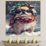 Pekingese Christmas Dog Wall Art with Red Scarf and Holly Wreath for Winter Snow Festive Puppy Holiday Artwork on Flat Rolled, Framed or Wrapped Canvas