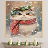 Persian cat Christmas Wall Art with Red Scarf and Holly Wreath for Winter Snow Festive Puppy Holiday Artwork on Flat Rolled, Framed or Wrapped Canvas