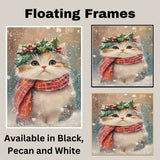Persian cat Christmas Wall Art with Red Scarf and Holly Wreath for Winter Snow Festive Puppy Holiday Artwork on Flat Rolled, Framed or Wrapped Canvas