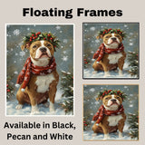 PitBull Christmas Dog Wall Art with Red Scarf and Holly Wreath for Winter Snow Festive Puppy Holiday Artwork on Flat Rolled, Framed or Wrapped Canvas