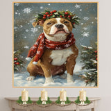 PitBull Christmas Dog Wall Art with Red Scarf and Holly Wreath for Winter Snow Festive Puppy Holiday Artwork on Flat Rolled, Framed or Wrapped Canvas