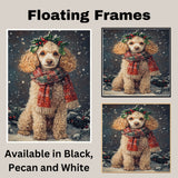 Poodle Christmas Dog Wall Art with Red Scarf and Holly Wreath for Winter Snow Festive Puppy Holiday Artwork on Flat Rolled, Framed or Wrapped Canvas