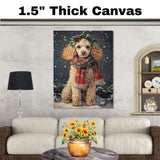 Poodle Christmas Dog Wall Art with Red Scarf and Holly Wreath for Winter Snow Festive Puppy Holiday Artwork on Flat Rolled, Framed or Wrapped Canvas