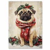 Pug Christmas Dog Wall Art with Red Scarf and Holly Wreath for Winter Snow Festive Puppy Holiday Artwork on Flat Rolled, Framed or Wrapped Canvas