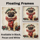 Pug Christmas Dog Wall Art with Red Scarf and Holly Wreath for Winter Snow Festive Puppy Holiday Artwork on Flat Rolled, Framed or Wrapped Canvas