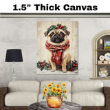 Pug Christmas Dog Wall Art with Red Scarf and Holly Wreath for Winter Snow Festive Puppy Holiday Artwork on Flat Rolled, Framed or Wrapped Canvas