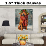 Rhodesian Ridgeback Christmas Dog Wall Art with Red Scarf and Holly Wreath for Winter Snow Festive Puppy Holiday Artwork on Flat Rolled, Framed or Wrapped Canvas