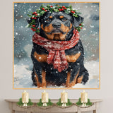 Rottweiler Christmas Dog Wall Art with Red Scarf and Holly Wreath for Winter Snow Festive Puppy Holiday Artwork on Flat Rolled, Framed or Wrapped Canvas