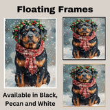 Rottweiler Christmas Dog Wall Art with Red Scarf and Holly Wreath for Winter Snow Festive Puppy Holiday Artwork on Flat Rolled, Framed or Wrapped Canvas