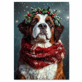 Saint Bernard Christmas Dog Wall Art with Red Scarf and Holly Wreath for Winter Snow Festive Puppy Holiday Artwork on Flat Rolled, Framed or Wrapped Canvas