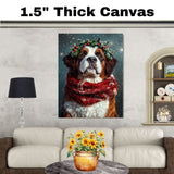 Saint Bernard Christmas Dog Wall Art with Red Scarf and Holly Wreath for Winter Snow Festive Puppy Holiday Artwork on Flat Rolled, Framed or Wrapped Canvas