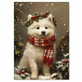 Christmas Samoyed Dog Wall Art with Red Scarf and Holly Wreath for Winter Snow Festive Puppy Holiday Artwork on Flat Rolled, Framed or Wrapped Canvas