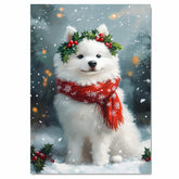 Samoyed Christmas Dog Wall Art with Red Scarf and Holly Wreath for Winter Snow Festive Puppy Holiday Artwork on Flat Rolled, Framed or Wrapped Canvas