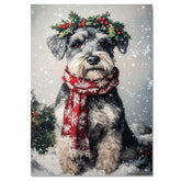 Schnauzer Christmas Dog Wall Art with Red Scarf and Holly Wreath for Winter Snow Festive Puppy Holiday Artwork on Flat Rolled, Framed or Wrapped Canvas