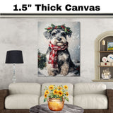 Schnauzer Christmas Dog Wall Art with Red Scarf and Holly Wreath for Winter Snow Festive Puppy Holiday Artwork on Flat Rolled, Framed or Wrapped Canvas