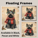 Scottish Terrier Christmas Dog Wall Art with Red Scarf and Holly Wreath for Winter Snow Festive Puppy Holiday Artwork on Flat Rolled, Framed or Wrapped Canvas