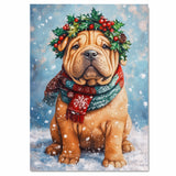 Shar Pei Christmas Dog Wall Art with Red Scarf and Holly Wreath for Winter Snow Festive Puppy Holiday Artwork on Flat Rolled, Framed or Wrapped Canvas