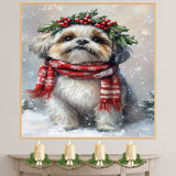 Shih Tzu Christmas Dog Wall Art with Red Scarf and Holly Wreath for Winter Snow Festive Puppy Holiday Artwork on Flat Rolled, Framed or Wrapped Canvas