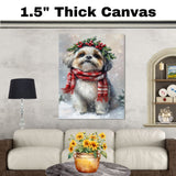 Shih Tzu Christmas Dog Wall Art with Red Scarf and Holly Wreath for Winter Snow Festive Puppy Holiday Artwork on Flat Rolled, Framed or Wrapped Canvas