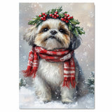 Shih Tzu Christmas Dog Wall Art with Red Scarf and Holly Wreath for Winter Snow Festive Puppy Holiday Artwork on Flat Rolled, Framed or Wrapped Canvas