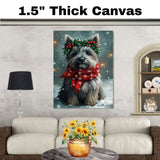 Skye Terrier Christmas Dog Wall Art with Red Scarf and Holly Wreath for Winter Snow Festive Puppy Holiday Artwork on Flat Rolled, Framed or Wrapped Canvas
