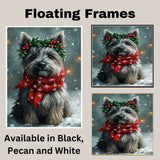 Skye Terrier Christmas Dog Wall Art with Red Scarf and Holly Wreath for Winter Snow Festive Puppy Holiday Artwork on Flat Rolled, Framed or Wrapped Canvas