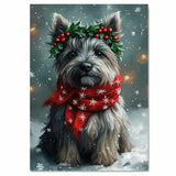 Skye Terrier Christmas Dog Wall Art with Red Scarf and Holly Wreath for Winter Snow Festive Puppy Holiday Artwork on Flat Rolled, Framed or Wrapped Canvas