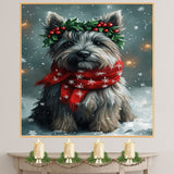 Skye Terrier Christmas Dog Wall Art with Red Scarf and Holly Wreath for Winter Snow Festive Puppy Holiday Artwork on Flat Rolled, Framed or Wrapped Canvas