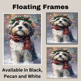 Tibetan Terrier Christmas Dog Wall Art with Red Scarf and Holly Wreath for Winter Snow Festive Puppy Holiday Artwork on Flat Rolled, Framed or Wrapped Canvas