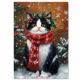 Tuxedo Cat Christmas Wall Art with Red Scarf and Holly Wreath for Winter Snow Festive Puppy Holiday Artwork on Flat Rolled, Framed or Wrapped Canvas