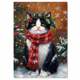 Tuxedo Cat Christmas Wall Art with Red Scarf and Holly Wreath for Winter Snow Festive Puppy Holiday Artwork on Flat Rolled, Framed or Wrapped Canvas