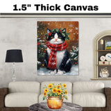 Tuxedo Cat Christmas Wall Art with Red Scarf and Holly Wreath for Winter Snow Festive Puppy Holiday Artwork on Flat Rolled, Framed or Wrapped Canvas